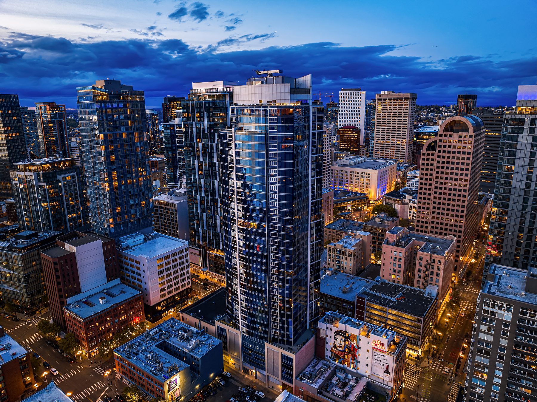 Belltown and Downtown Seattle skyline at dusk