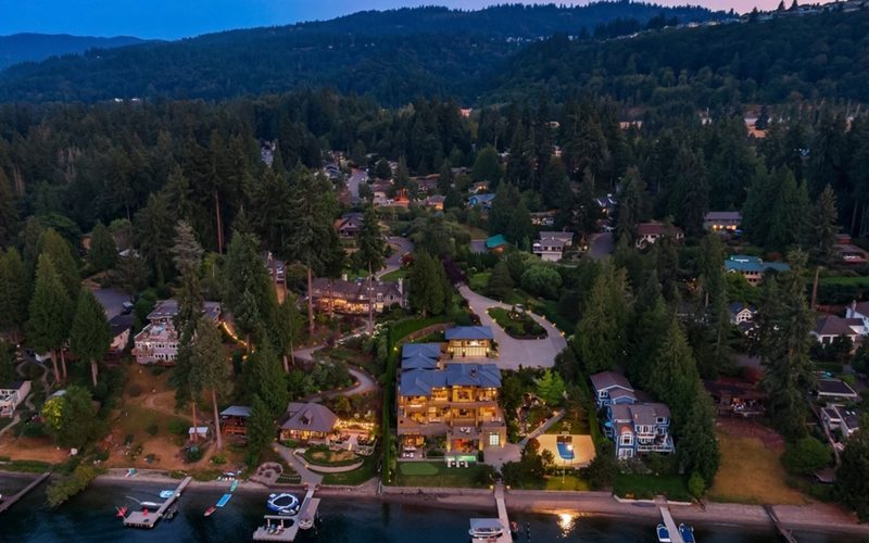 Aerial view of waterfront estate on Lake Sammamish in Bellevue