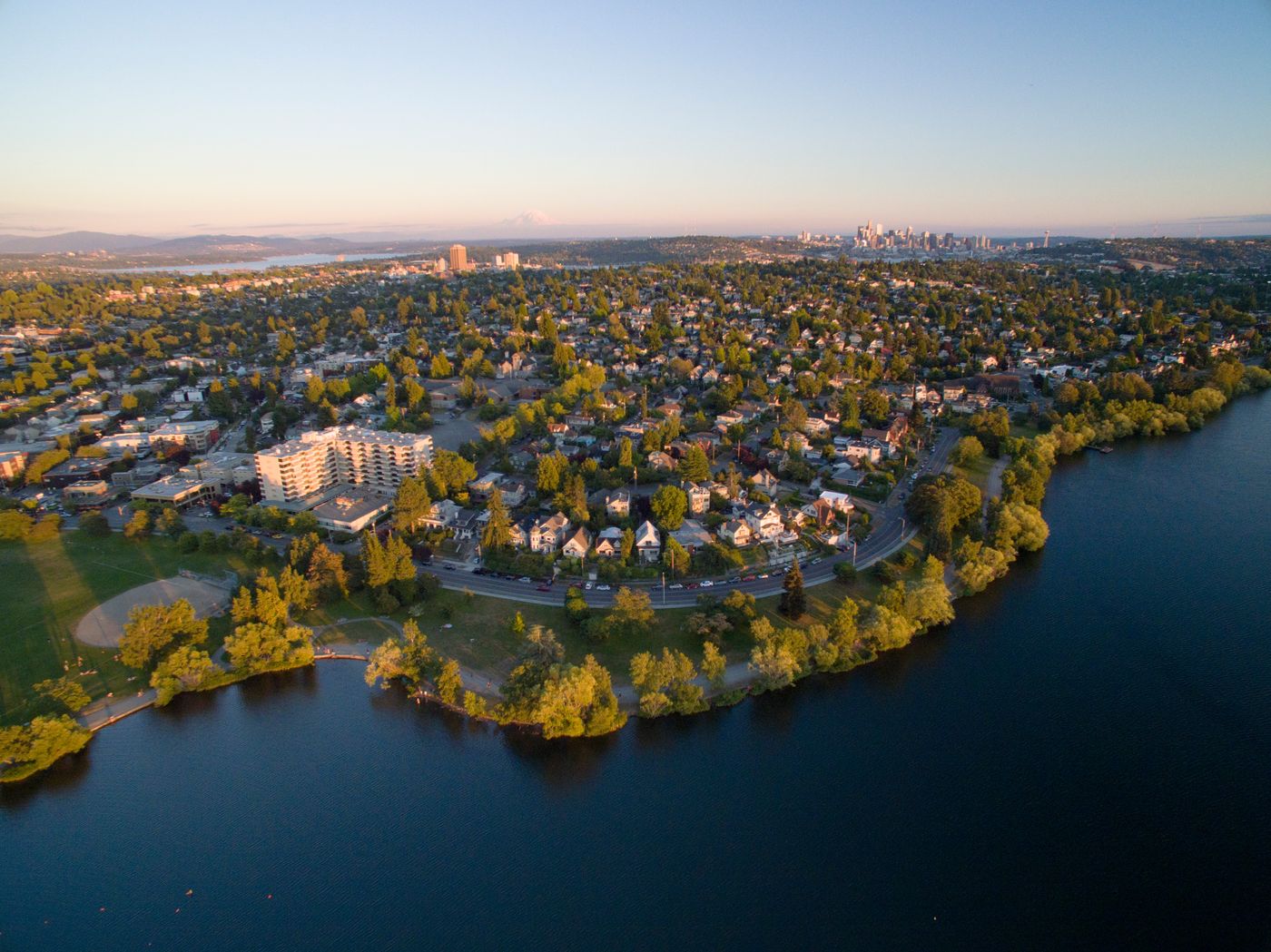 Green Lake sunset aerial view in Seattle