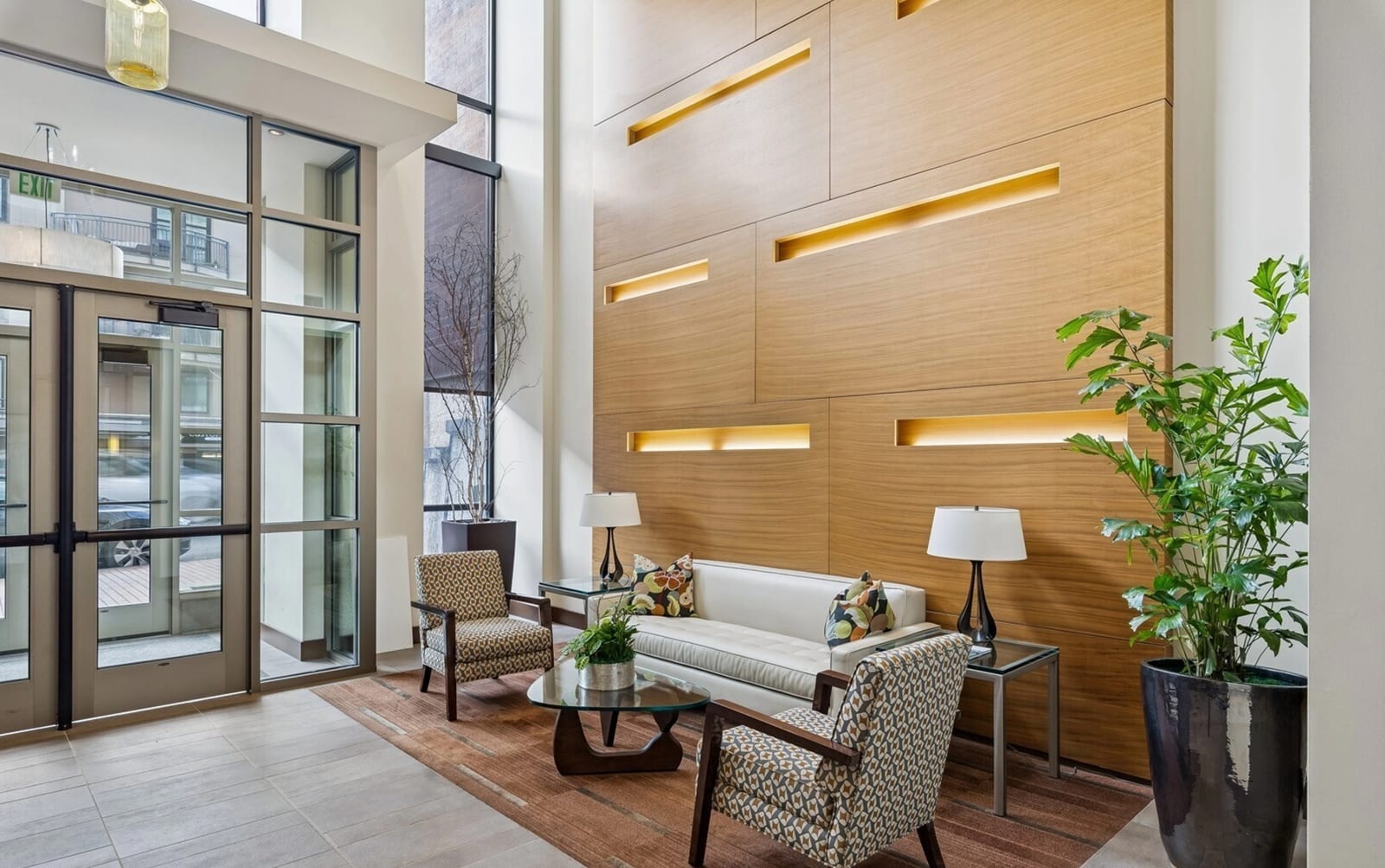 Modern lobby at One Main Street with contemporary design and natural light