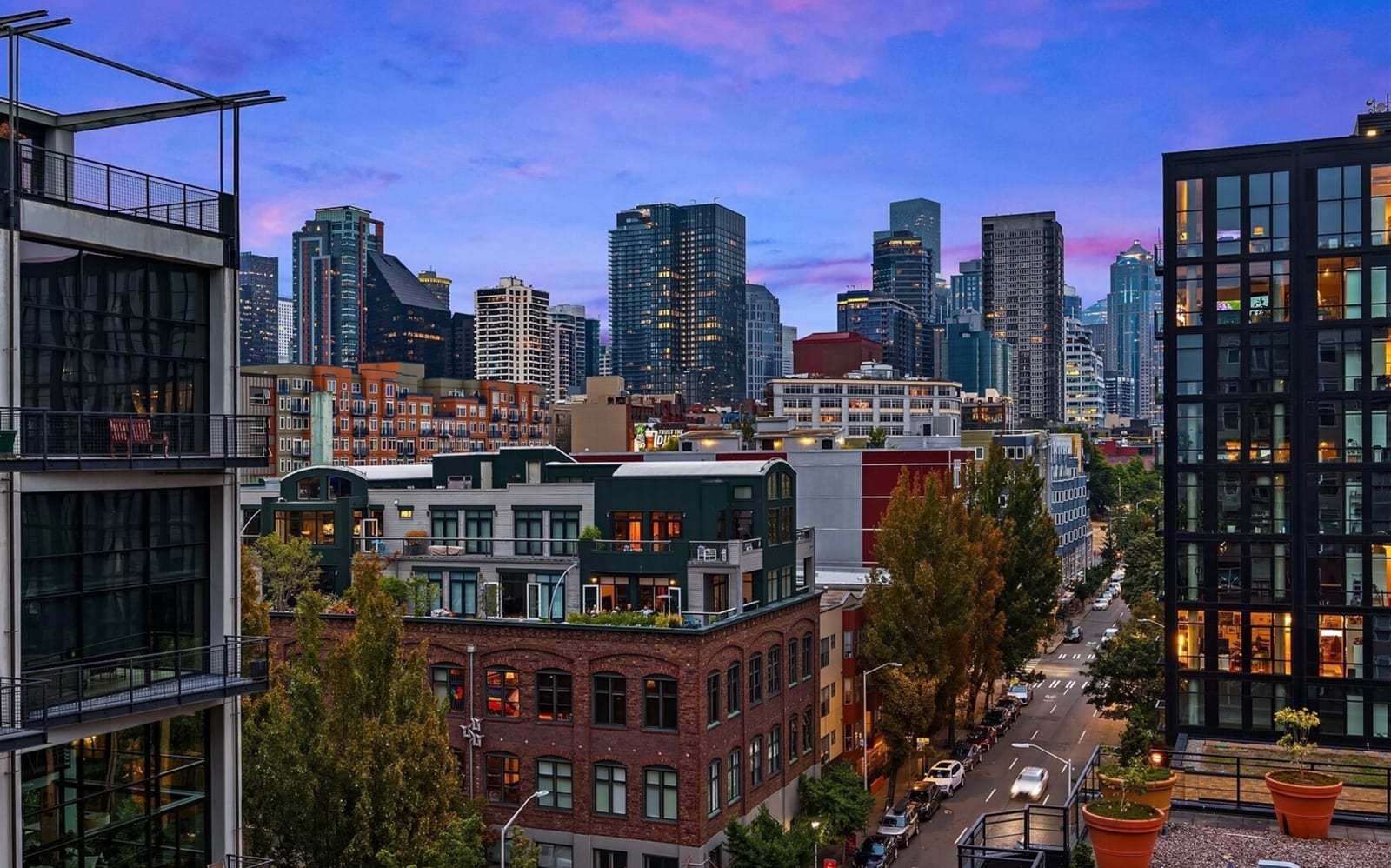 View from The Vine residences overlooking Belltown, downtown Seattle, and Puget Sound