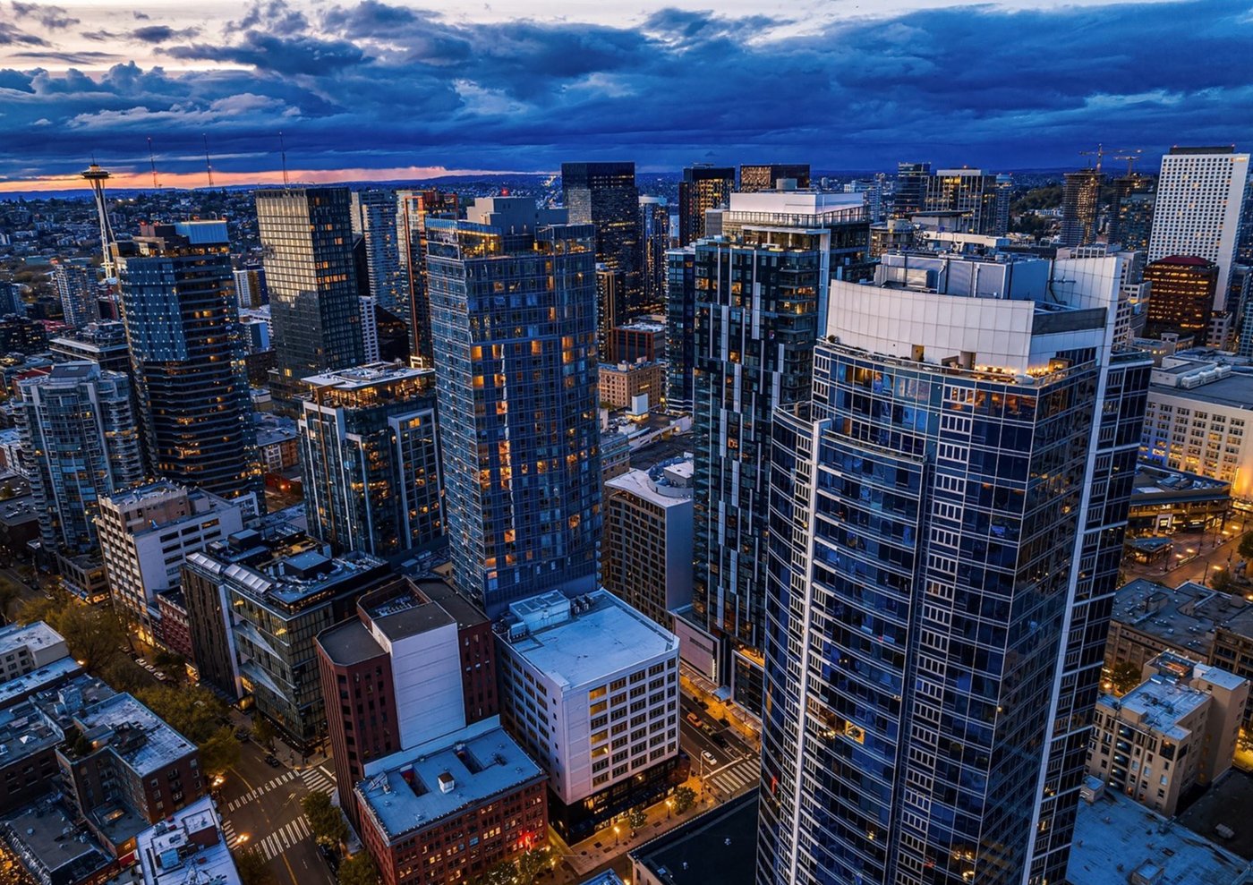 Aerial view of downtown Seattle skyline at twilight from 1521