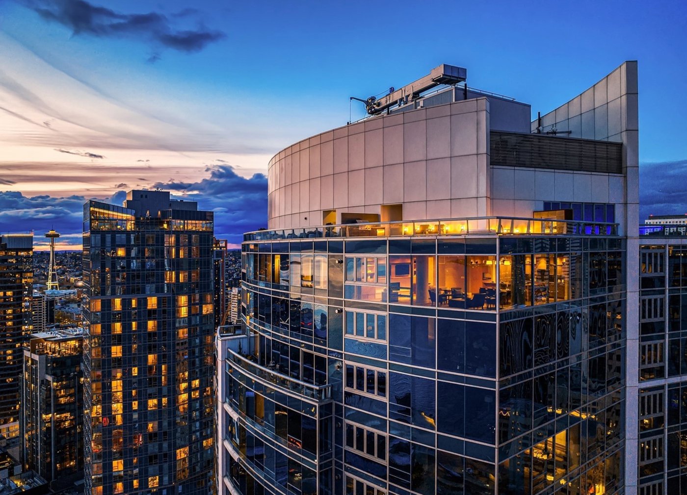 1521 penthouse exterior at twilight with Space Needle