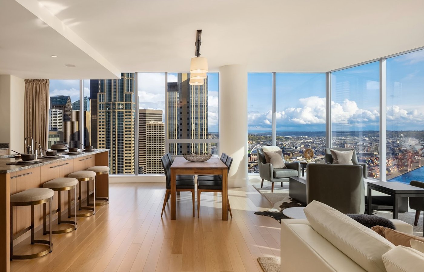 Open kitchen and dining with downtown Seattle skyline views