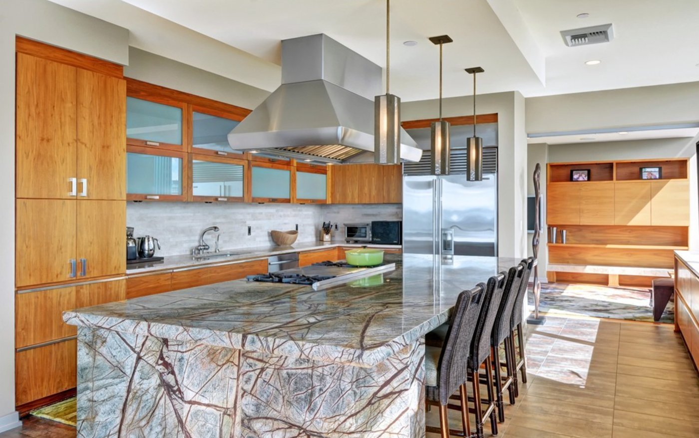 Chef's kitchen with statement marble island