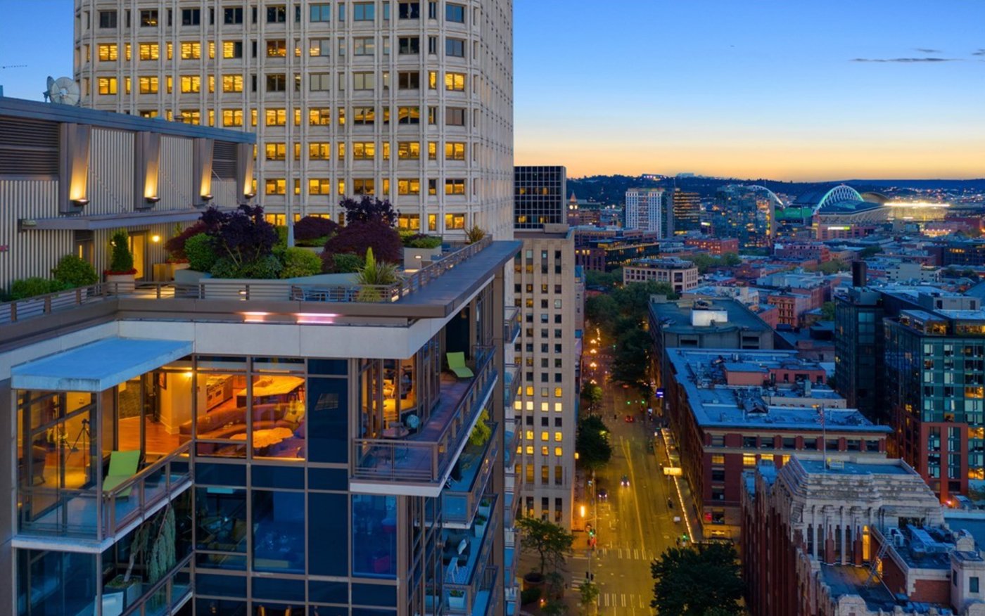 Madison Tower penthouse at twilight overlooking downtown Seattle