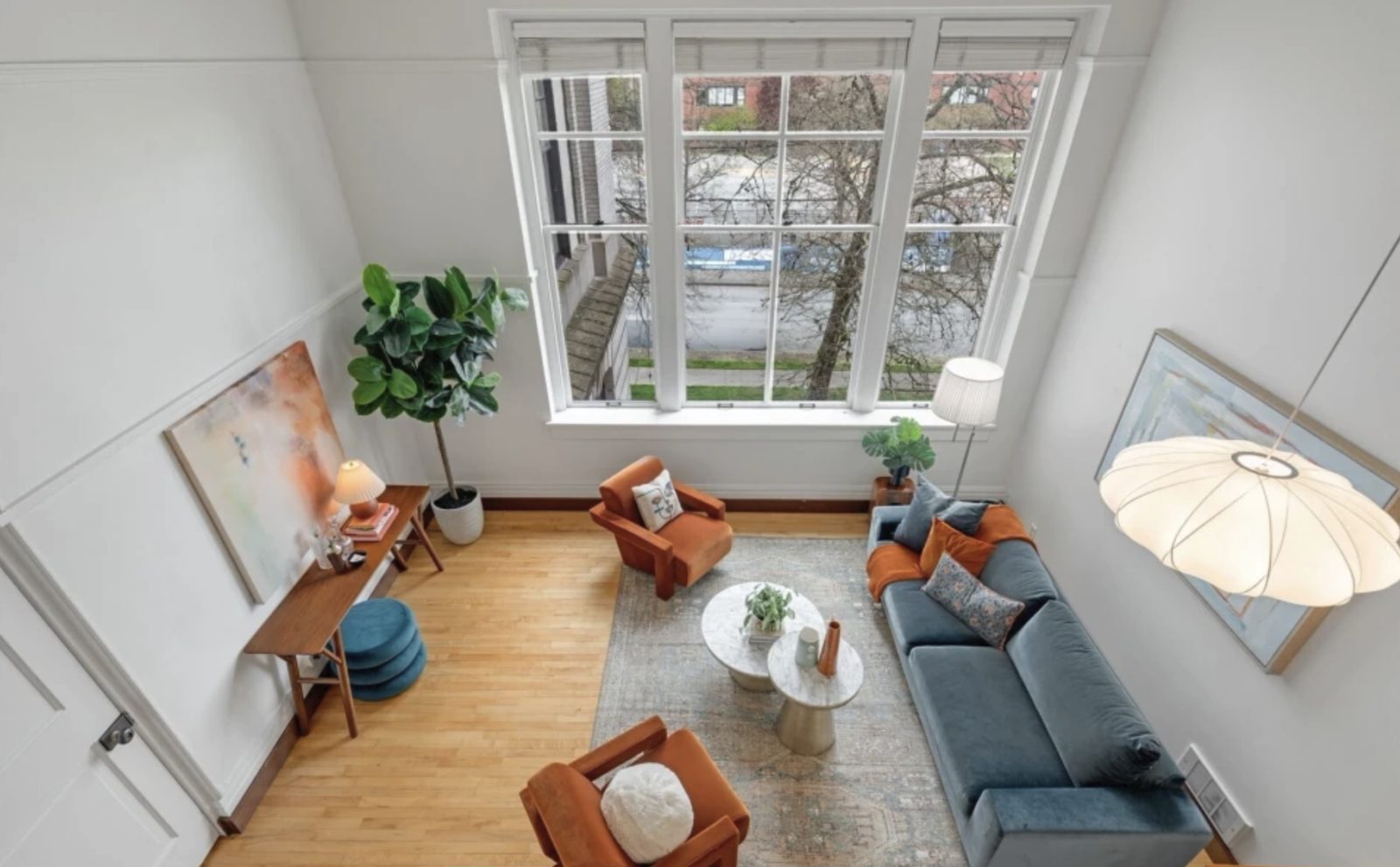 View from the loft down into the living space of unit 436