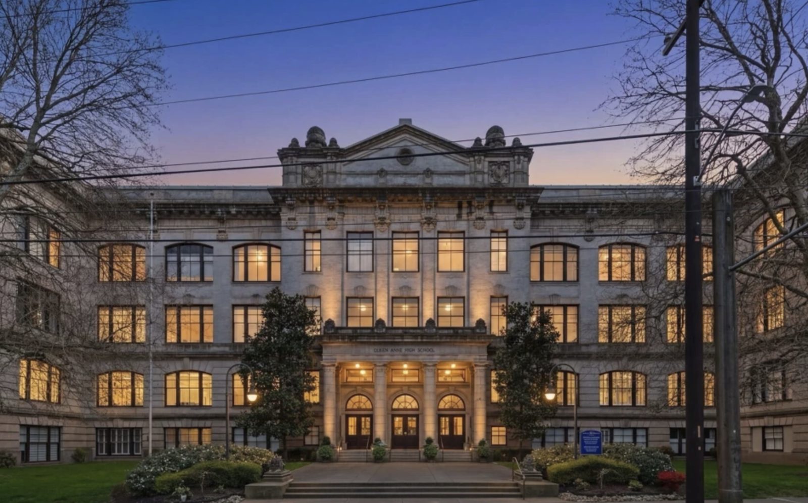 Queen Anne High School condominium building at dusk in Seattle