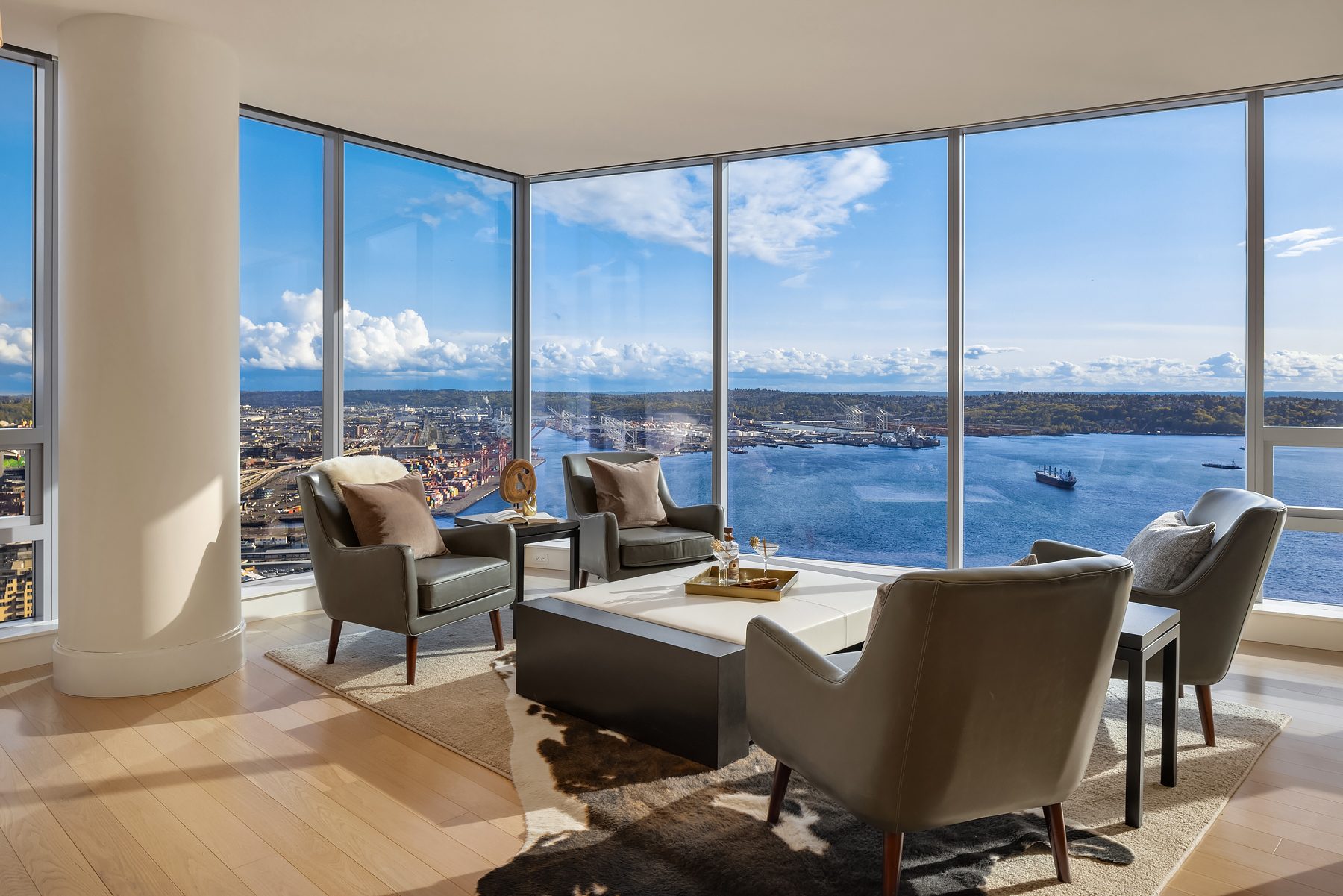 Belltown Seattle luxury condo interior with floor-to-ceiling corner windows