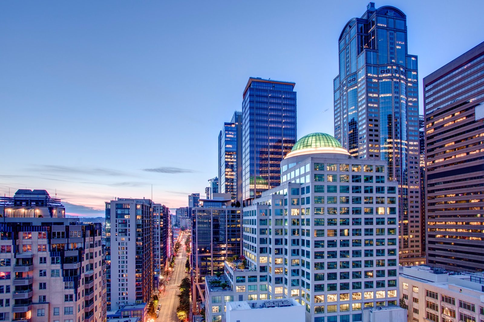 First Avenue in downtown Seattle near luxury condo buildings